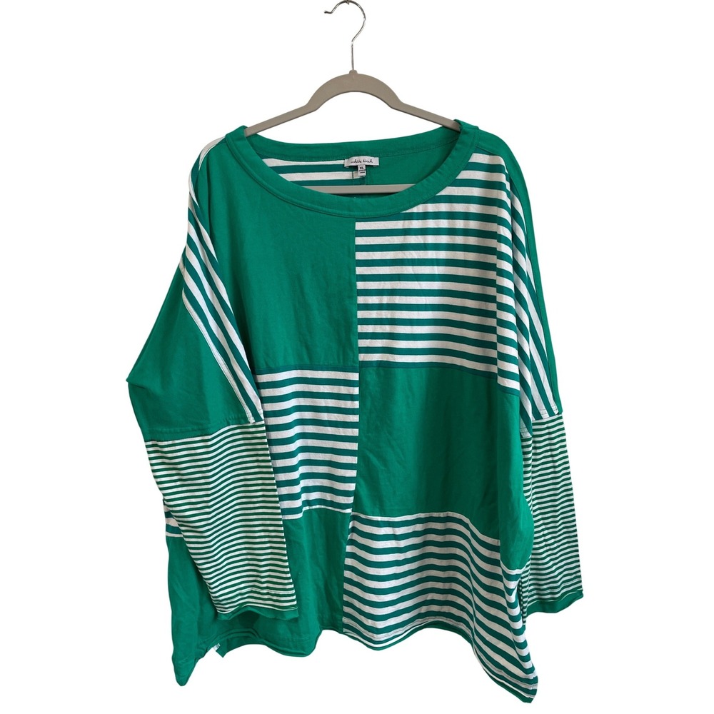 White Birch Green White Striped Patchwork Long Sleeve Cotton Top XL Art To Wear